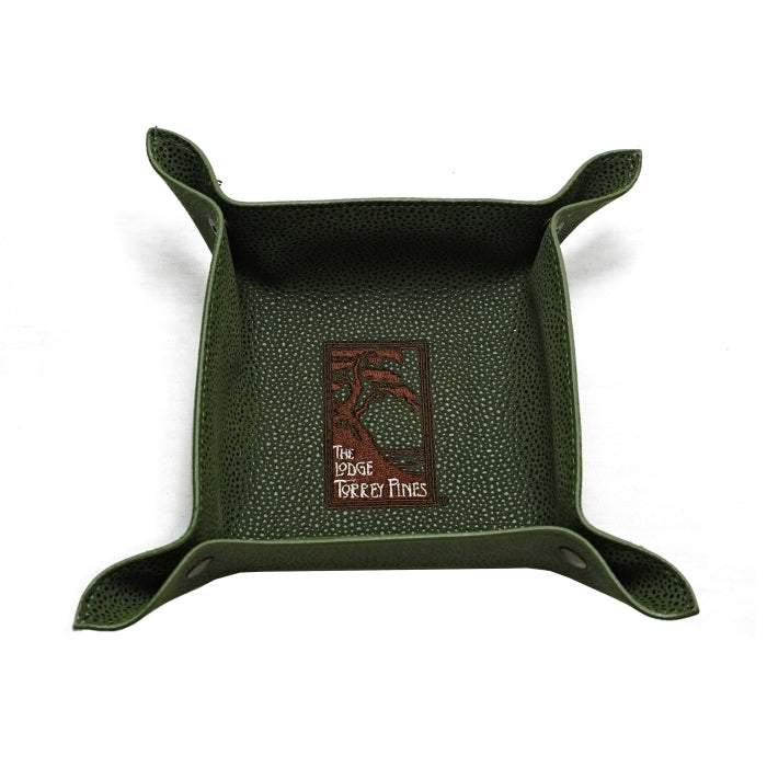 Top view of green valet tray in faux suede with The Lodge at Torrey Pines logo