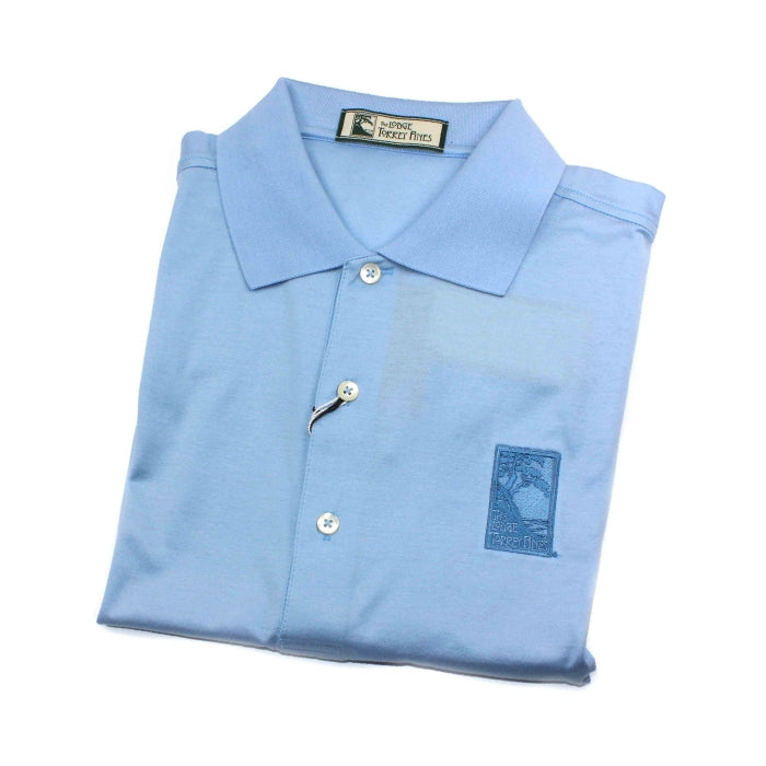 Men's polo shirt in light blue featuring The Lodge at Torrey Pines logo on the chest