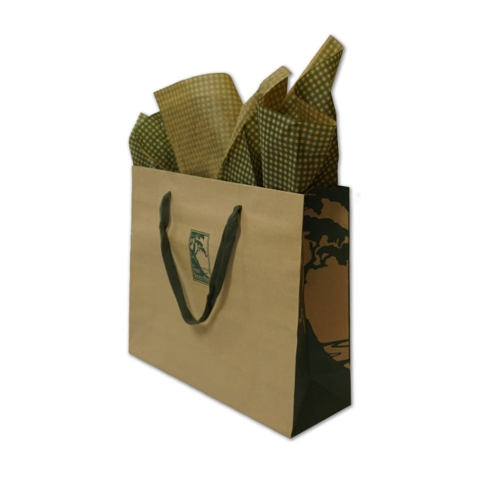 Large kraft and green gift bag with checked tissue paper and The Lodge at Torrey Pines logo
