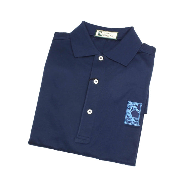 Men's polo shirt in navy blue featuring The Lodge at Torrey Pines logo on the chest