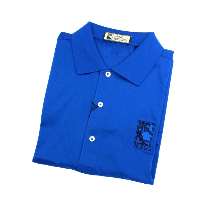 Men's polo shirt in royal blue featuring The Lodge at Torrey Pines logo on the chest
