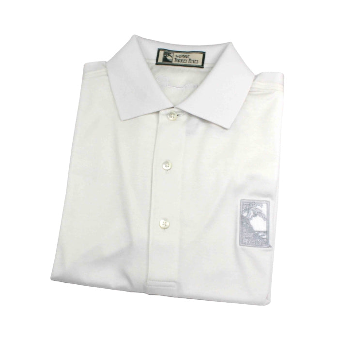 Men's polo shirt in white featuring The Lodge at Torrey Pines logo on the chest