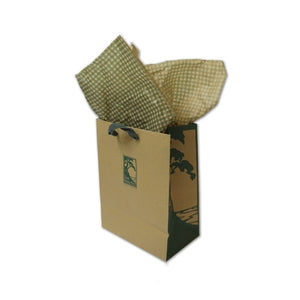 Small kraft and green gift bag with checked tissue paper and The Lodge at Torrey Pines logo