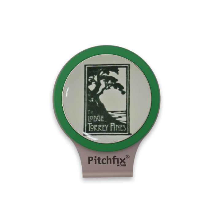 Hat clip with green trim ball marker with The Lodge at Torrey Pines
