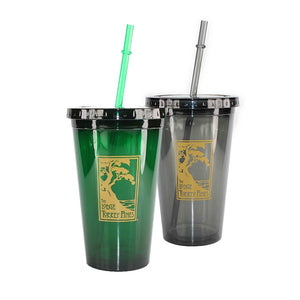 Acrylic tumblers with lids and straws in green and black with The Lodge at Torrey Pines logo