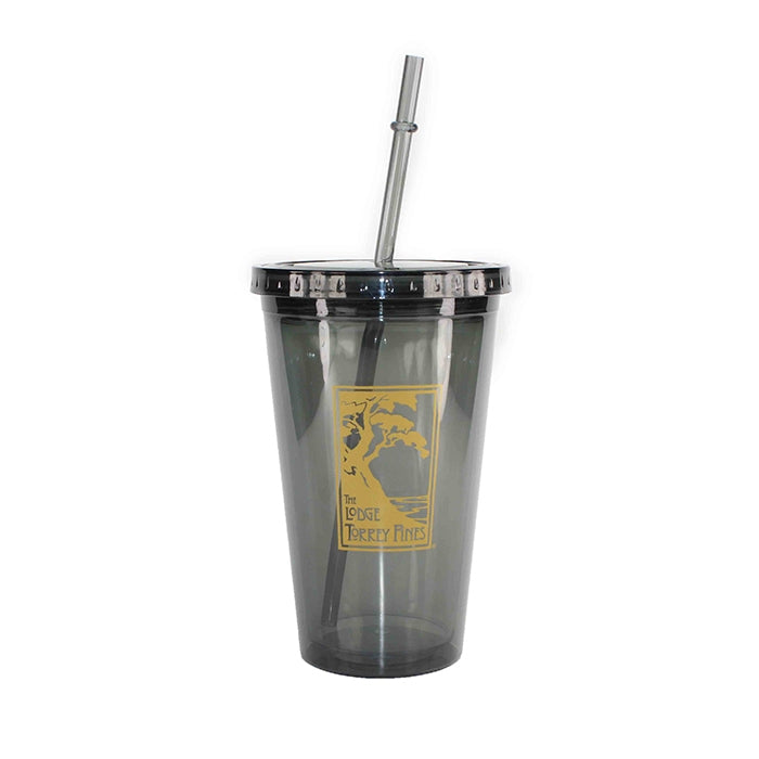 Black acrylic tumblers with lids and straws with The Lodge at Torrey Pines logo