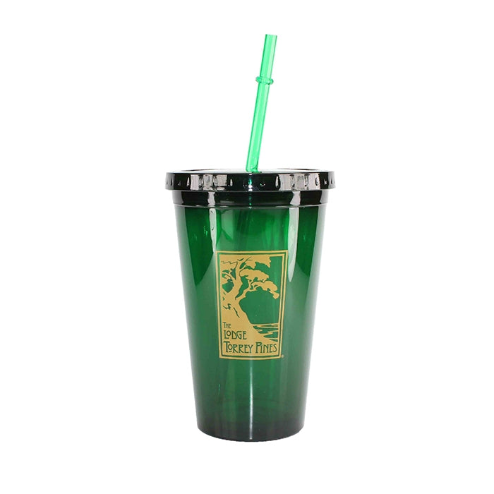 Green acrylic tumblers with lids and straws with The Lodge at Torrey Pines logo