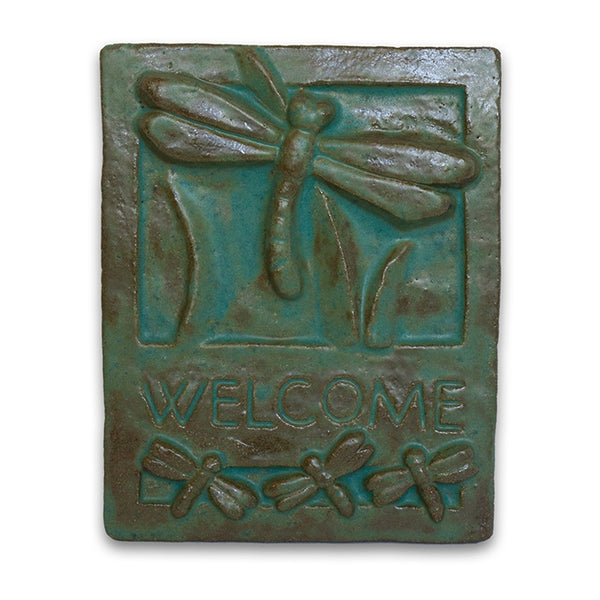 Green Welcome Tile Dragonfly by Janet Ontko