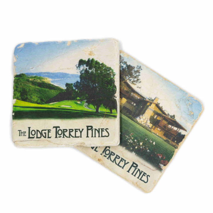 Tumbled marble coasters featuring the Torrey Pines Golf Course and Arroyo Terrace at The Lodge at Torrey Pines.