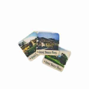Tumbled marble magnets with three scenes from The Lodge at Torrey Pines.