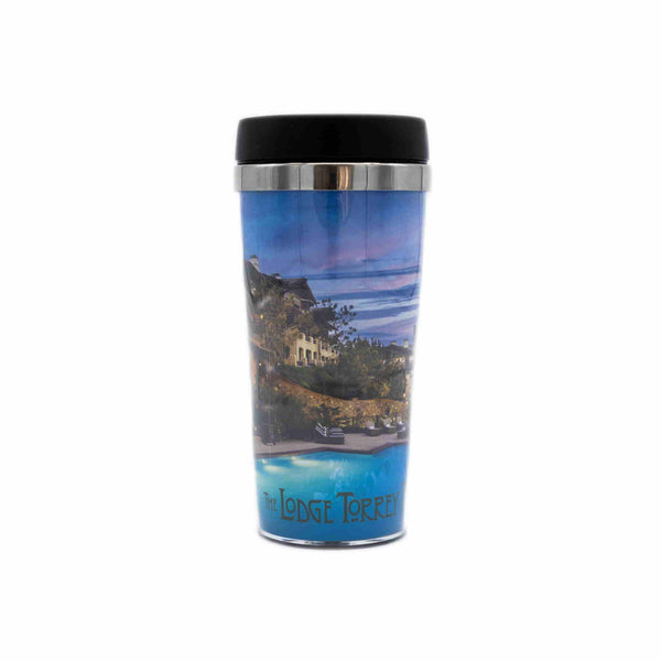 Travel tumbler with lid featuring The Lodge at Torrey Pines logo and a view of the resort's pool.