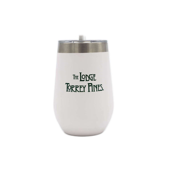 Wine tumbler in white with The Lodge at Torrey Pines logo