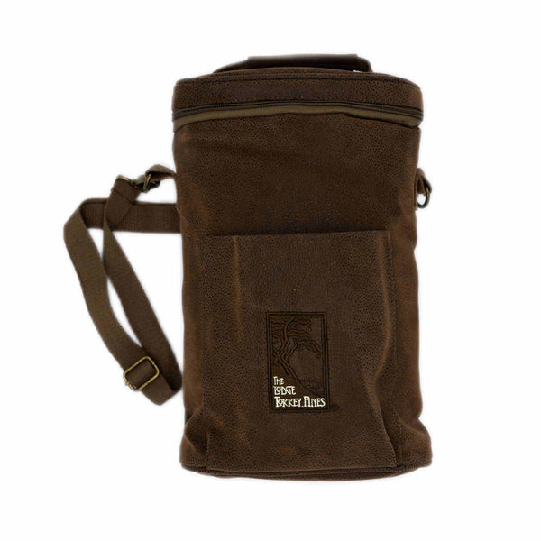 Wine cooler bag in brown faux suede with The Lodge Torrey Pines logo that holds two bottles.